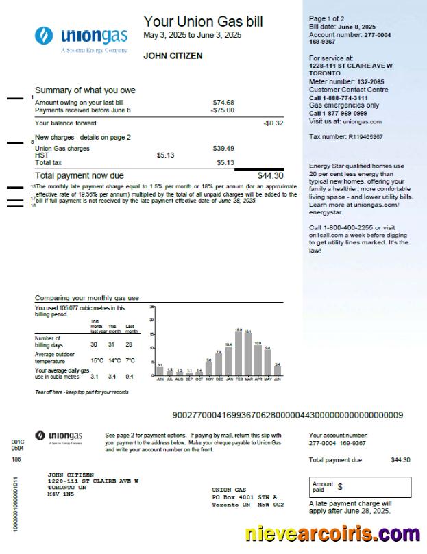 Canada Union Gas utility bill
